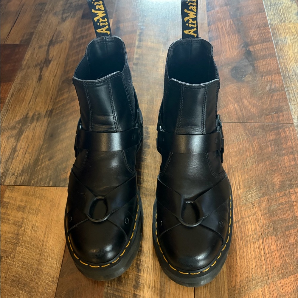 Dr. Martens Black Leather Quad Harness Platform Unisex Boots - Picture 3 of 11